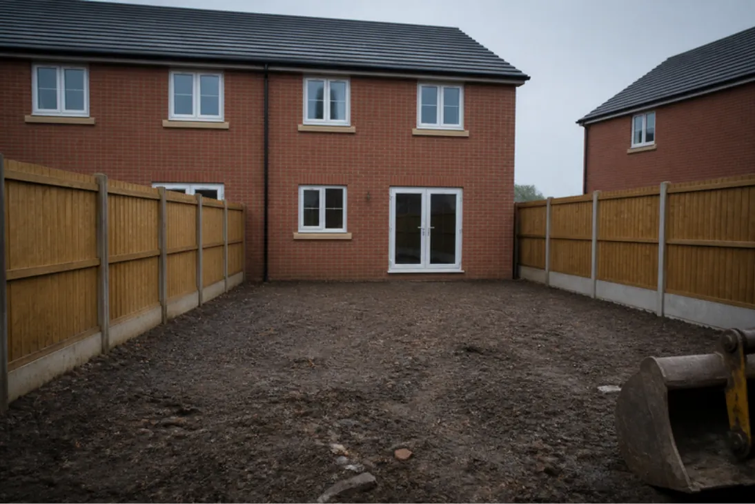 Bare new-build back garden of compacted soil with a digger bucket in the corner and new fences either side