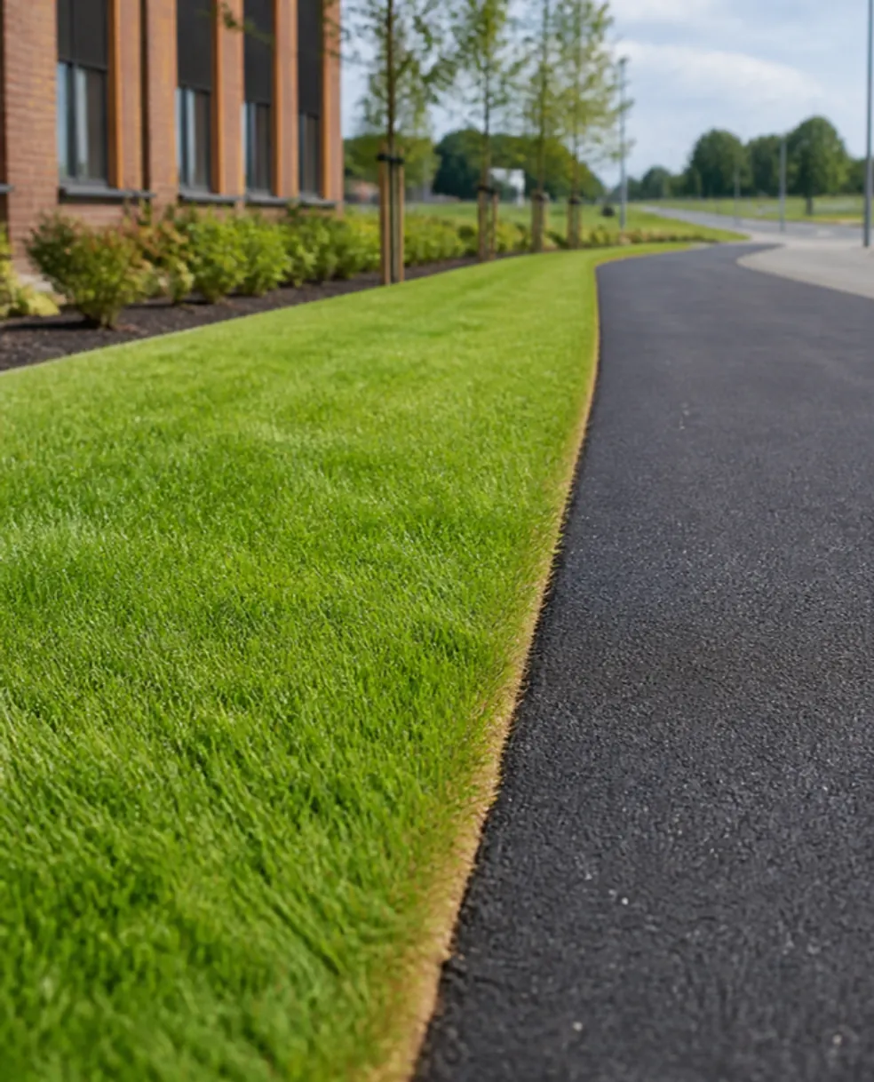 Long crisp new lawn edge running beside a fresh tarmac footpath on a landscaped commercial development
