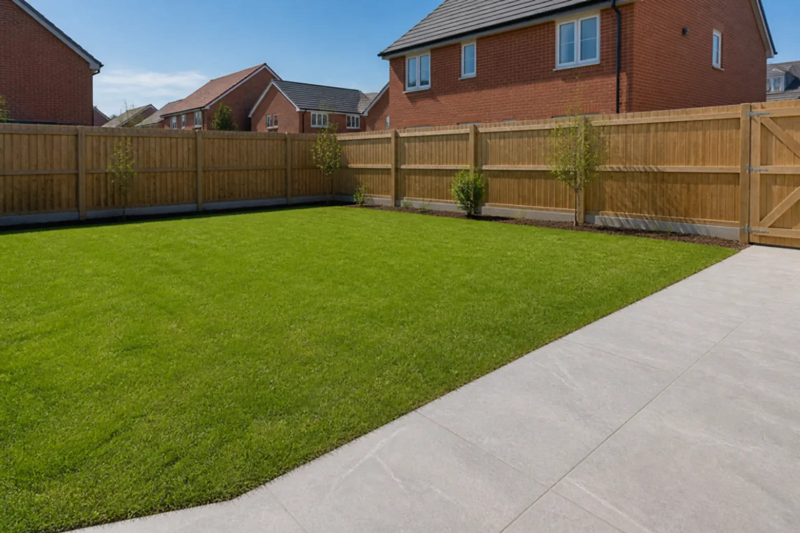 Even green lawn behind a modern red-brick detached new-build with a light grey porcelain patio and fences