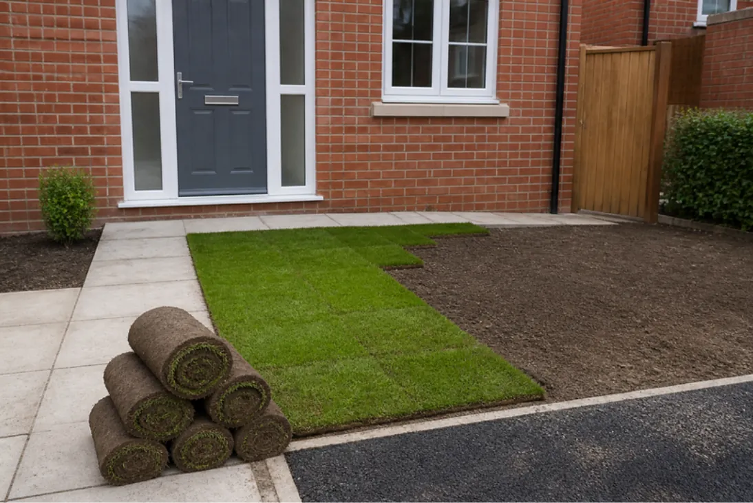 Small new-build front garden half laid with fresh turf, the rest raked soil, with turf rolls on the path