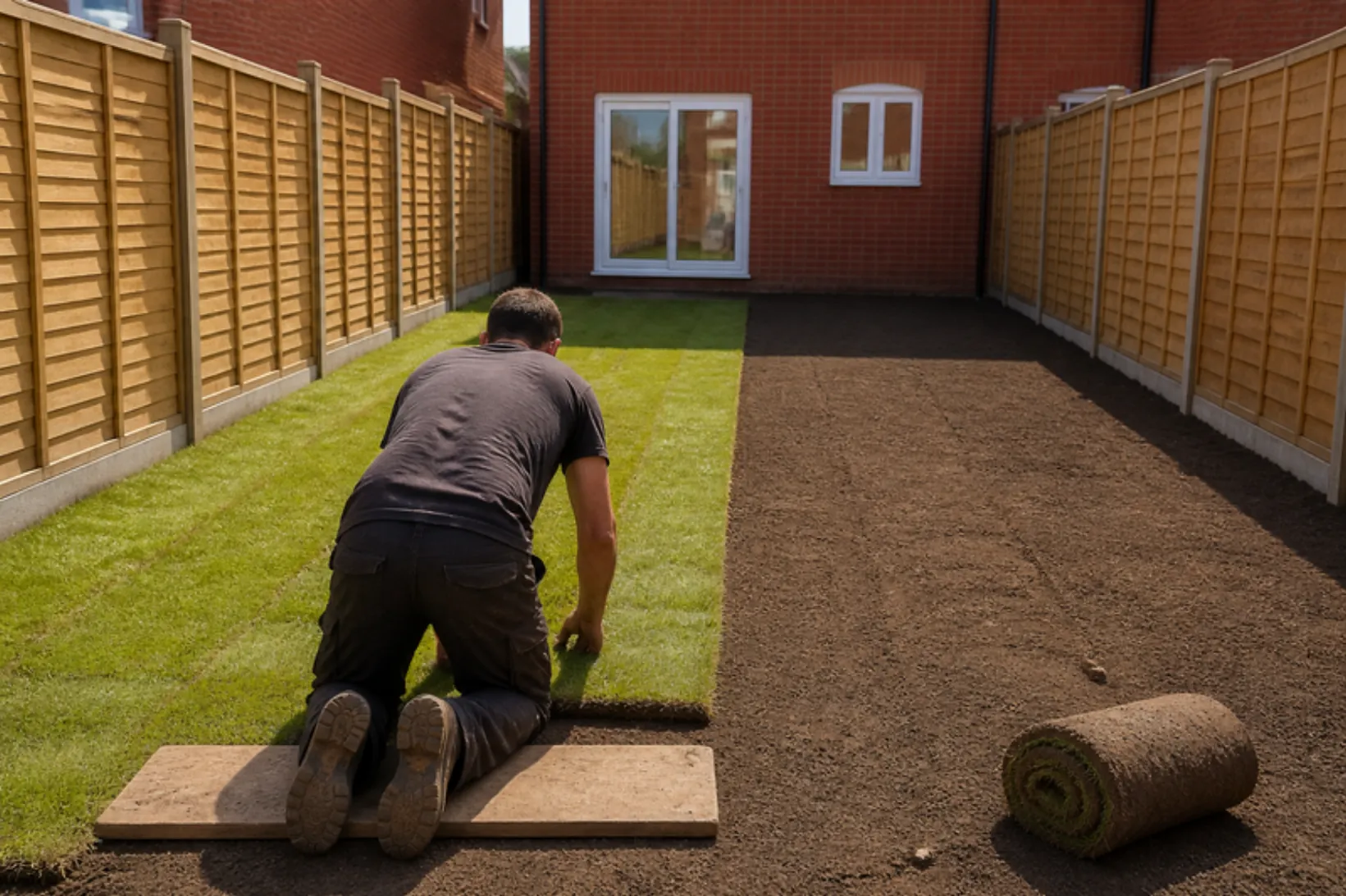 Turf layer kneeling on a board, halfway through laying a long narrow new-build garden in bright sunshine