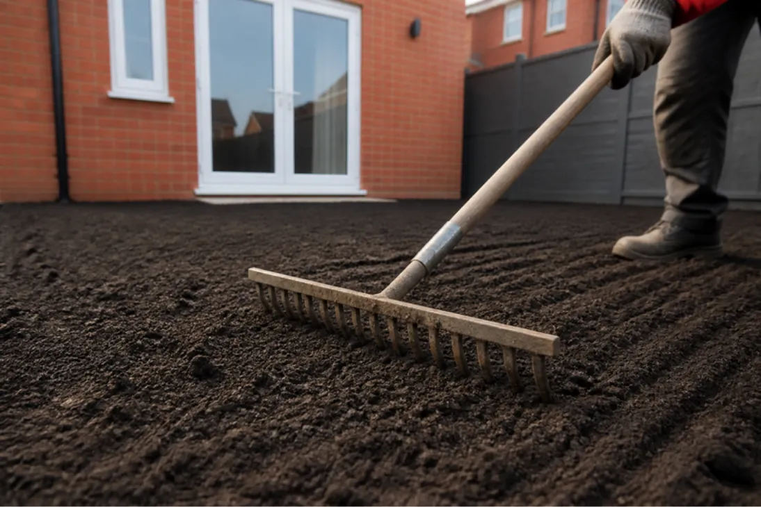 Rake levelling fresh dark topsoil in a new-build garden beside white patio doors and a grey fence