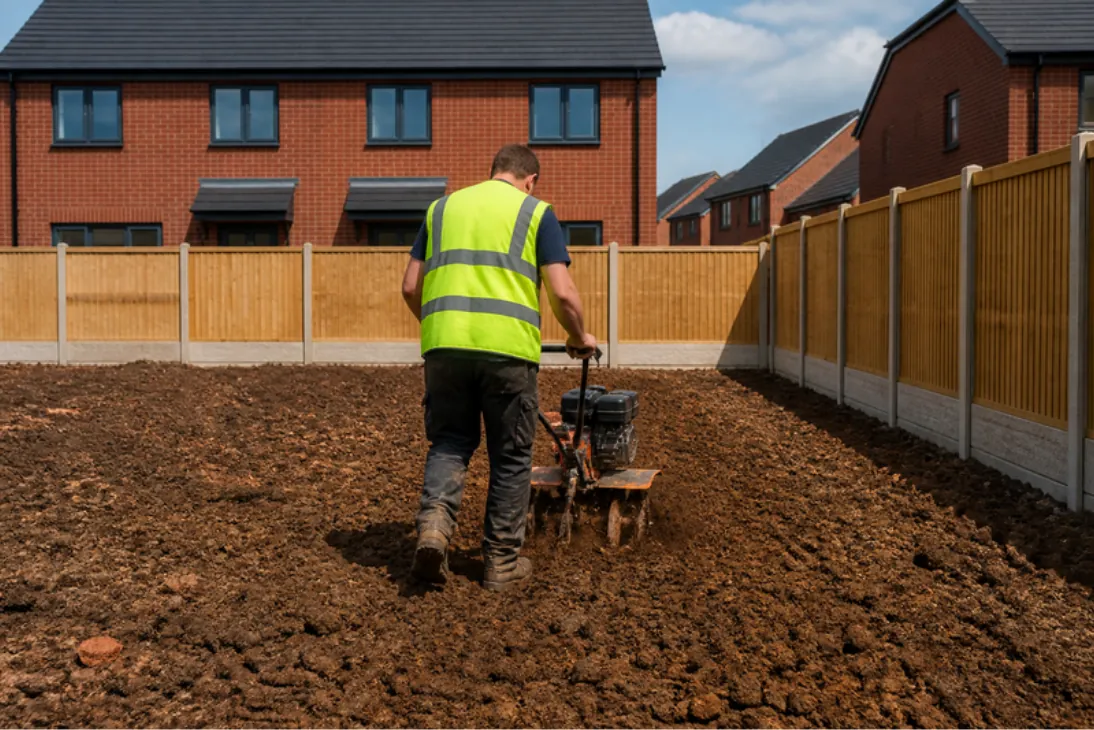 Landscaper seen from behind rotavating hard brown subsoil in a bare new-build garden between new timber fences