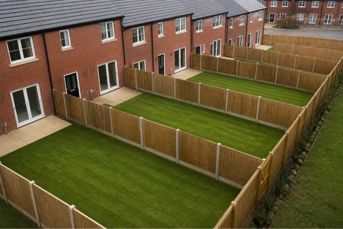 Row of new-build back gardens on a Greater Manchester estate, each freshly turfed between new timber fences