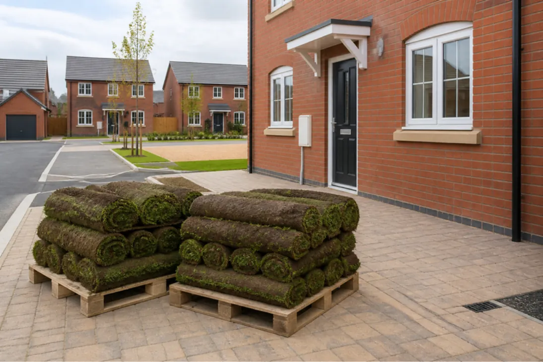 Two pallets of fresh turf rolls on the block-paved drive of a brand-new red-brick townhouse