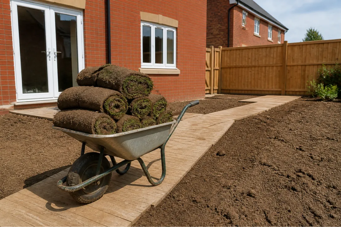 Wheelbarrow stacked with turf rolls on a board path across prepared soil behind a red-brick new-build